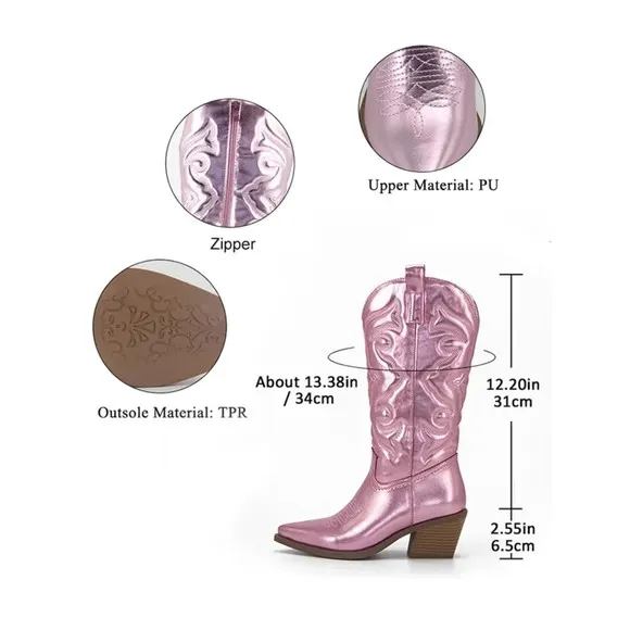 Mid-Calf Pink Western Boots Block Heel Zipper Pointed Toe Vegan Leather 8.5 (40)