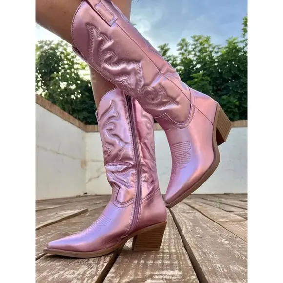 Mid-Calf Pink Western Boots Block Heel Zipper Pointed Toe Vegan Leather 8.5 (40)