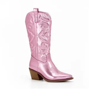 Mid-Calf Pink Western Boots Block Heel Zipper Pointed Toe Vegan Leather 8.5 (40)