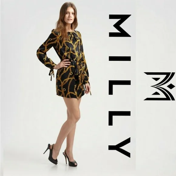 Milly of New York Simone size 12 black &amp; gold classic chain print mini dress