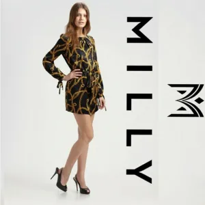 Milly of New York Simone size 12 black &amp; gold classic chain print mini dress