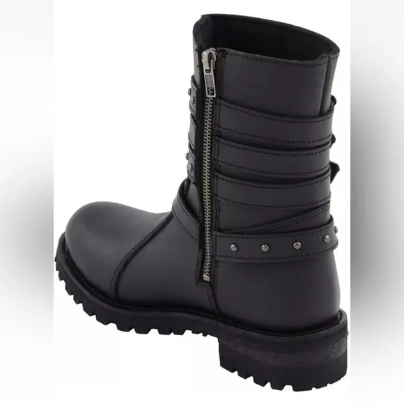 Milwaukee Leather Women 9-In Triple Buckle Black Leather Harness Biker Boot 5.5