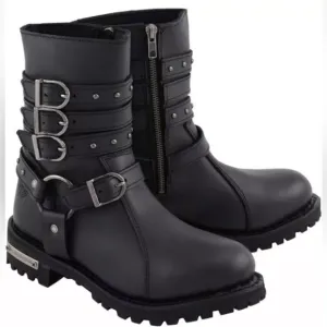 Milwaukee Leather Women 9-In Triple Buckle Black Leather Harness Biker Boot 5.5
