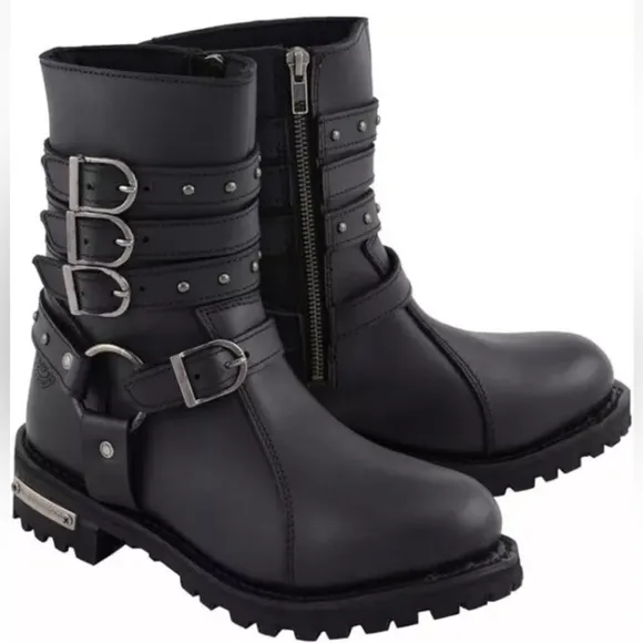 Milwaukee Leather Women 9-In Triple Buckle Black Leather Harness Biker Boot 5.5