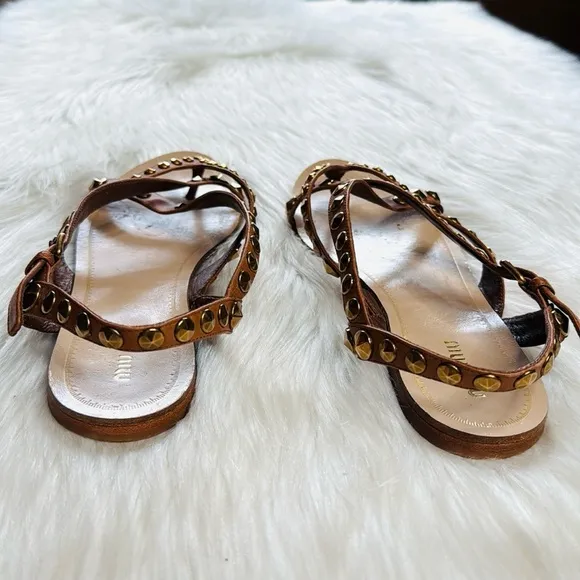 Miu Miu Brown Gold Studded Leather Sandals