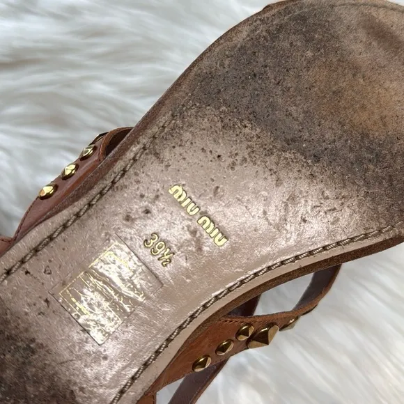 Miu Miu Brown Gold Studded Leather Sandals