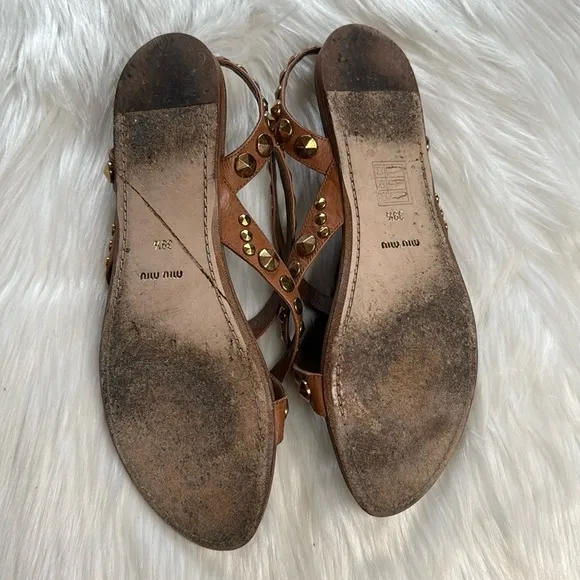 Miu Miu Brown Gold Studded Leather Sandals