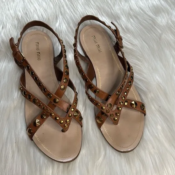 Miu Miu Brown Gold Studded Leather Sandals