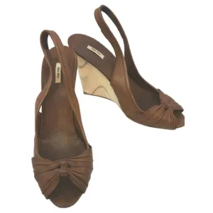 Miu Miu Brown Leather Wooden Wedges 38 Sandals
