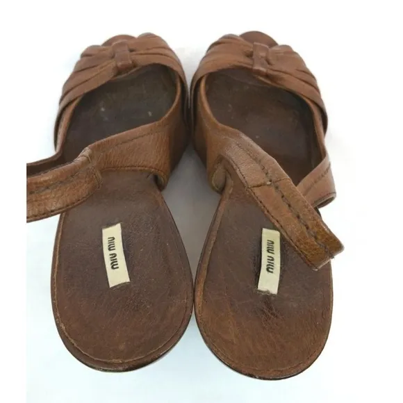Miu Miu Brown Leather Wooden Wedges 38 Sandals