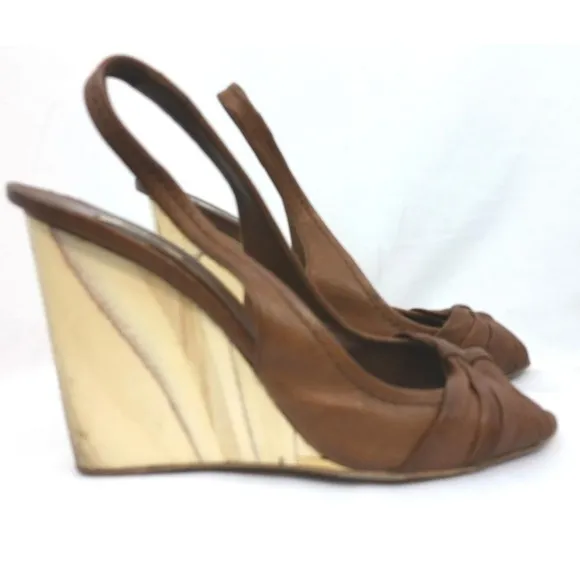 Miu Miu Brown Leather Wooden Wedges 38 Sandals
