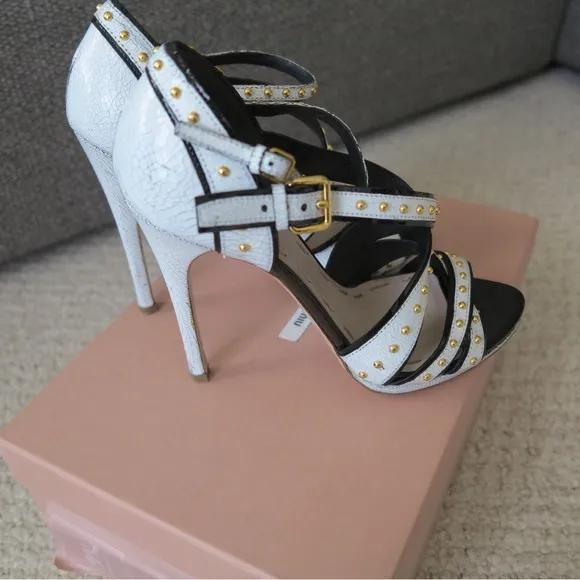 Miu Miu White Studded CrackledLeather Ankle-Strap Sandals Size 38