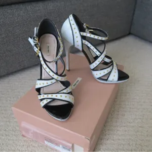Miu Miu White Studded CrackledLeather Ankle-Strap Sandals Size 38