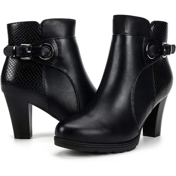 mysoft Ankle Boots Women's Black Polyurethane Buckle Strap Chunky Stacked Heel