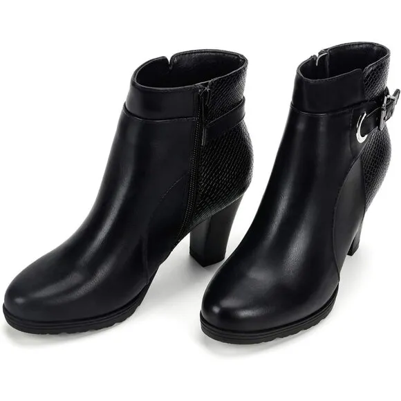 mysoft Ankle Boots Women's Black Polyurethane Buckle Strap Chunky Stacked Heel