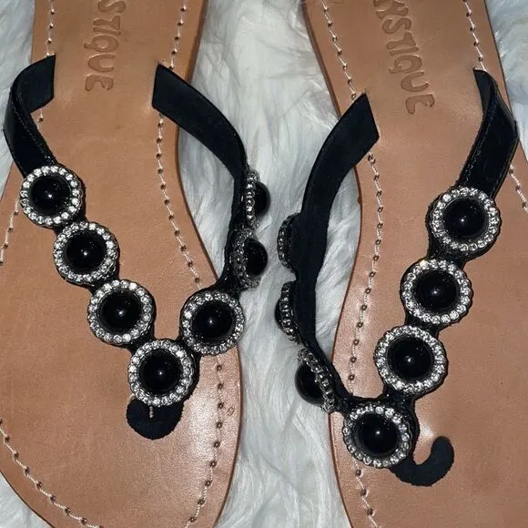 Mystique Boutique Handmade Black patent and Rhinestone Beaded Flip Flop Sandals
