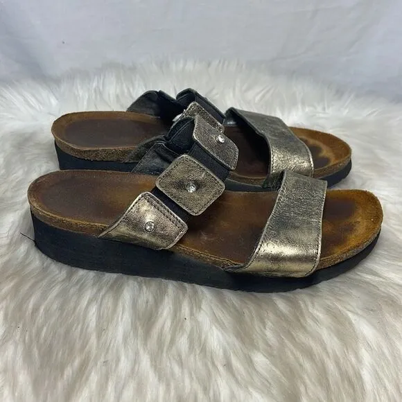 Naot Ashley Metallic Leather Studded Rhinestone Slide Sandals Sz 8