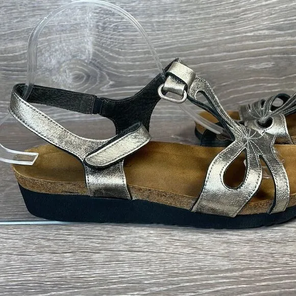 Naot Rachel Metallic Gold Womens Sz 8/EU 39 Slingback Hook &amp; Loop Wedge Sandals