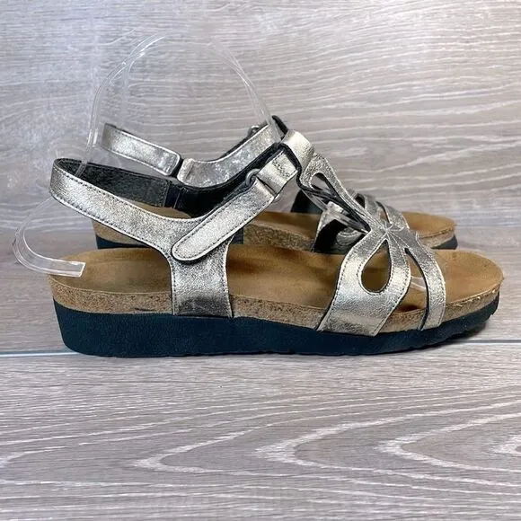 Naot Rachel Metallic Gold Womens Sz 8/EU 39 Slingback Hook &amp; Loop Wedge Sandals