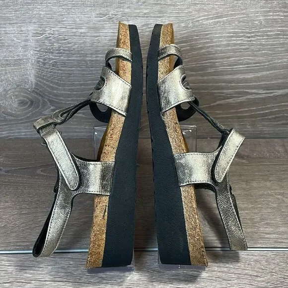 Naot Rachel Metallic Gold Womens Sz 8/EU 39 Slingback Hook &amp; Loop Wedge Sandals