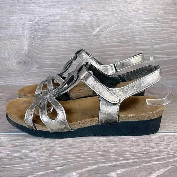 Naot Rachel Metallic Gold Womens Sz 8/EU 39 Slingback Hook &amp; Loop Wedge Sandals