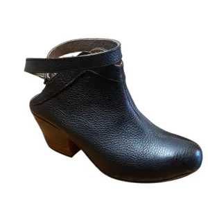 Nawal Black Pebbled Leather Women's Ankle Strap Western Chunky Heel Clog Boots 8
