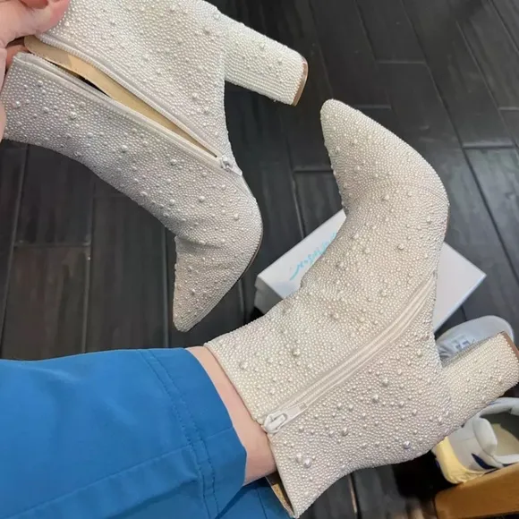 NEW Betsey Johnson Women's Ivory Ankle Boots Pearl Embellishments $129