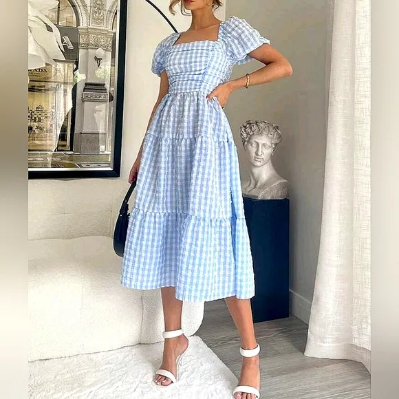 New Boho Gingham Seersucker Puff Sleeve Midi Dress Blue White