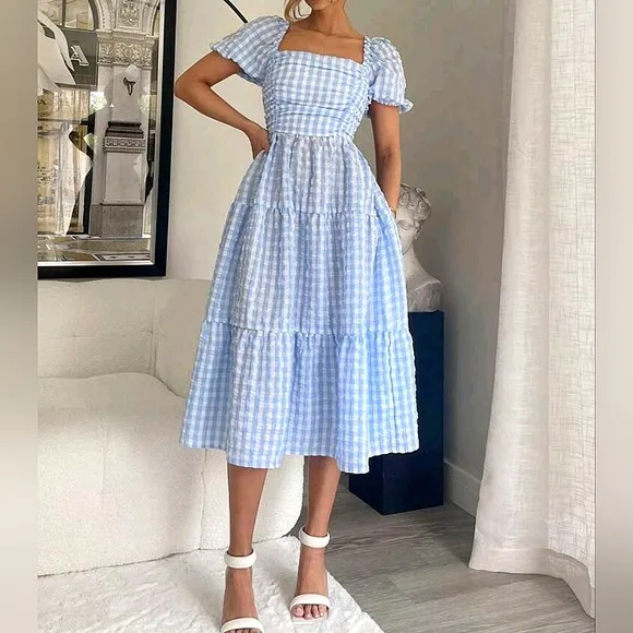 New Boho Gingham Seersucker Puff Sleeve Midi Dress Blue White