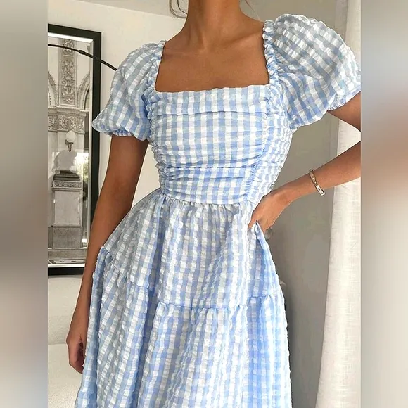 New Boho Gingham Seersucker Puff Sleeve Midi Dress Blue White