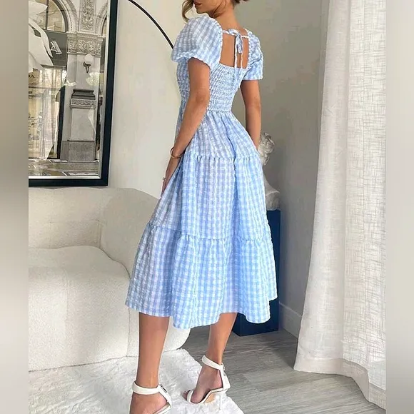 New Boho Gingham Seersucker Puff Sleeve Midi Dress Blue White