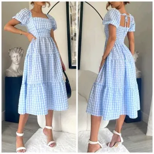 New Boho Gingham Seersucker Puff Sleeve Midi Dress Blue White