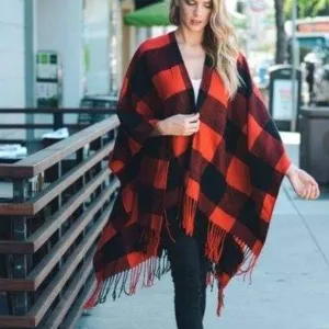 NEW BUFFALO CHECK TASSEL PONCHO Red And Black One Size