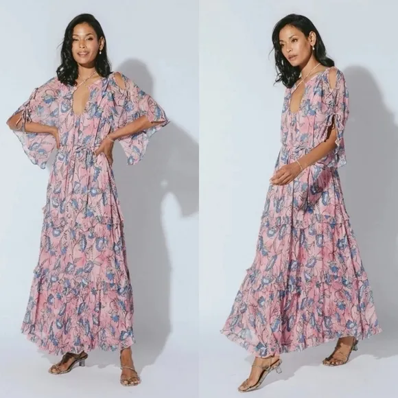 New Cleobella Elena Ankle Barbie Pink Lotus Print Maxi Dress NWT Medium