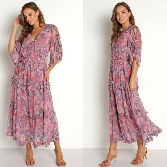 New Cleobella Elena Ankle Barbie Pink Lotus Print Maxi Dress NWT Medium