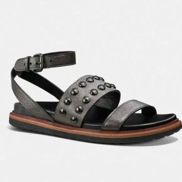 NEW Coach Dannie Gladiator Dark Chrome Pebble Leather Metallic Rivets Sandals 7