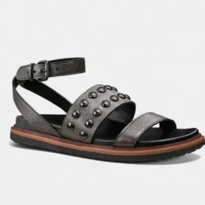 NEW Coach Dannie Gladiator Dark Chrome Pebble Leather Metallic Rivets Sandals 7