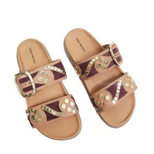 NEW Free People Revelry Studded Sandals 6.5 Brown Leather Slip-On Buckle Slides