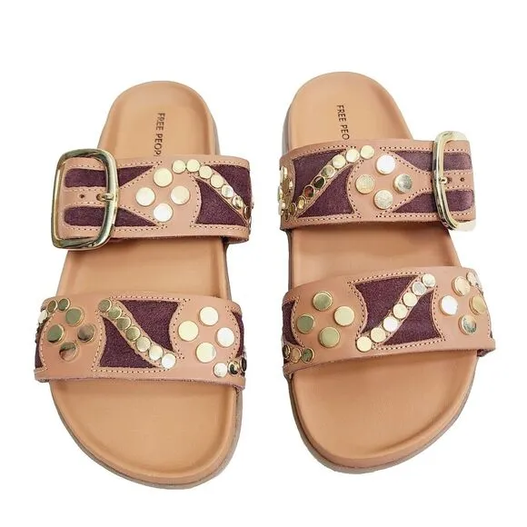 NEW Free People Revelry Studded Sandals 6.5 Brown Leather Slip-On Buckle Slides