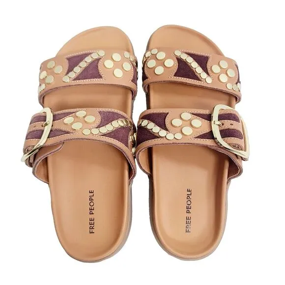 NEW Free People Revelry Studded Sandals 6.5 Brown Leather Slip-On Buckle Slides