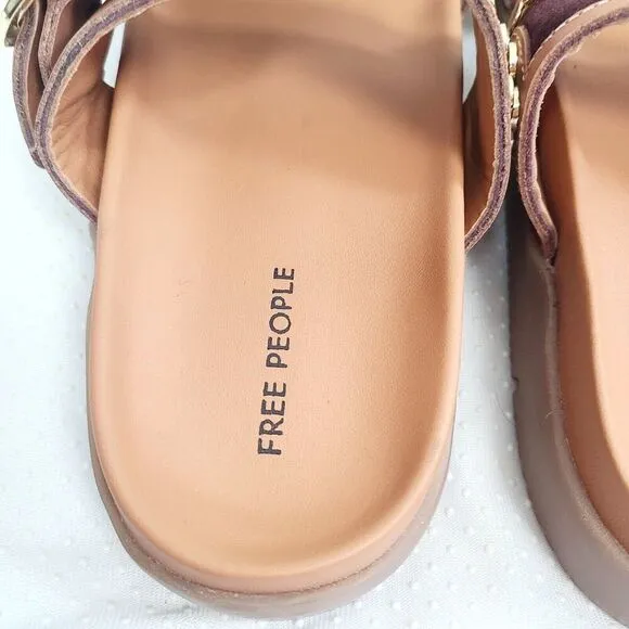 NEW Free People Revelry Studded Sandals 6.5 Brown Leather Slip-On Buckle Slides