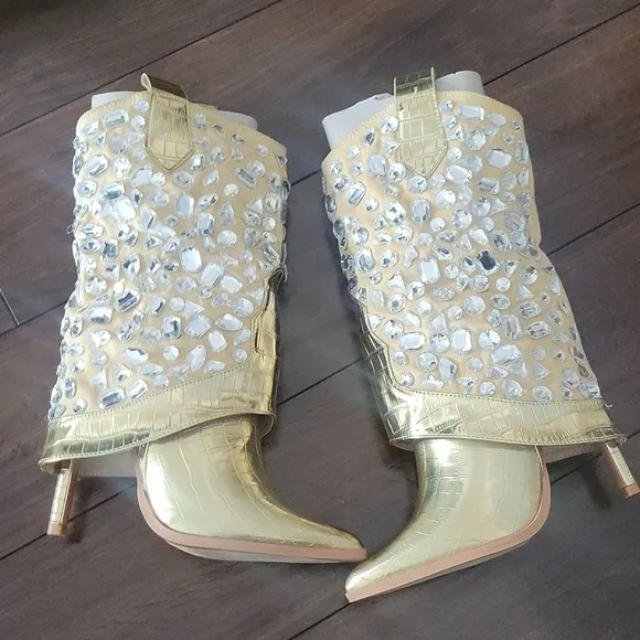 NEW! LAUREN LORRAINE Hana Mettalic Gold Embellished Stiletto Heel Cowboy Boots 6