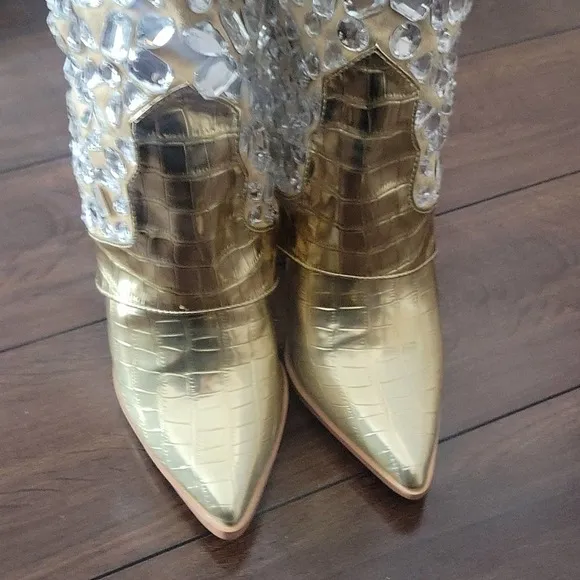 NEW! LAUREN LORRAINE Hana Mettalic Gold Embellished Stiletto Heel Cowboy Boots 6