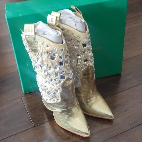 NEW! LAUREN LORRAINE Hana Mettalic Gold Embellished Stiletto Heel Cowboy Boots 6