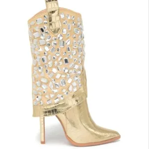 NEW! LAUREN LORRAINE Hana Mettalic Gold Embellished Stiletto Heel Cowboy Boots 6
