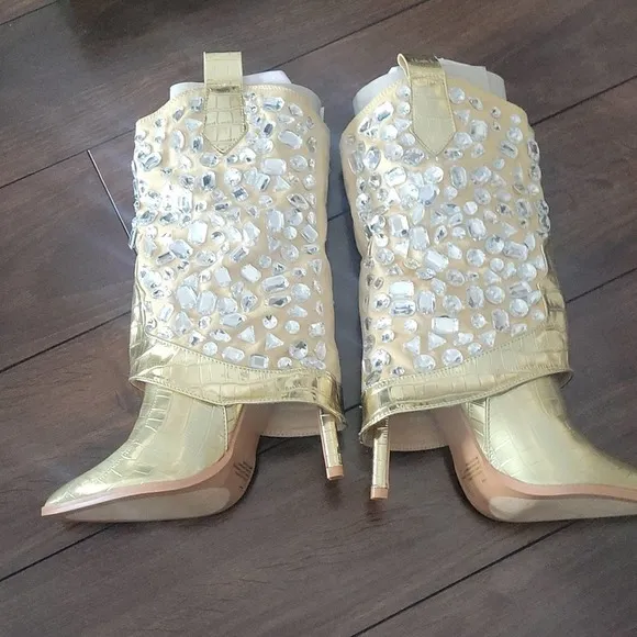 NEW! LAUREN LORRAINE Hana Mettalic Gold Embellished Stiletto Heel Cowboy Boots 6