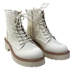 New Madden Girl Carra Off White Canvas Combat Boot Size 8 Chunky Sole Lug