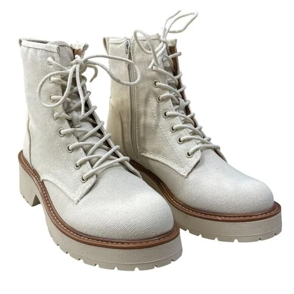 New Madden Girl Carra Off White Canvas Combat Boot Size 8 Chunky Sole Lug