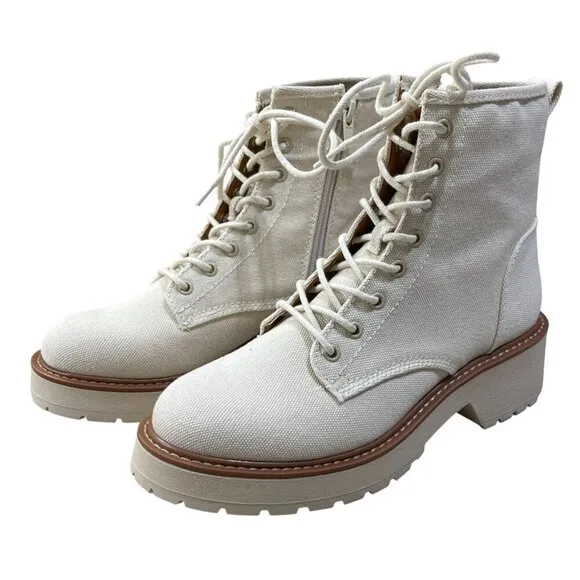New Madden Girl Carra Off White Canvas Combat Boot Size 8 Chunky Sole Lug