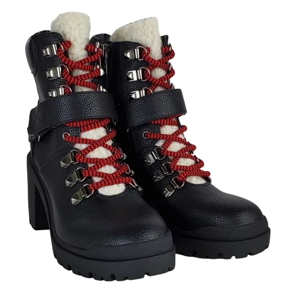 New Marc fisher nature 2 block chunky heel lace up zip combat moto boots black